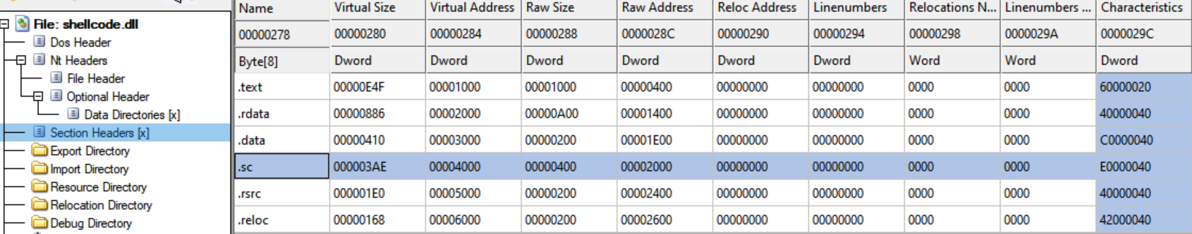 The PE section we created with our shellcoding technique